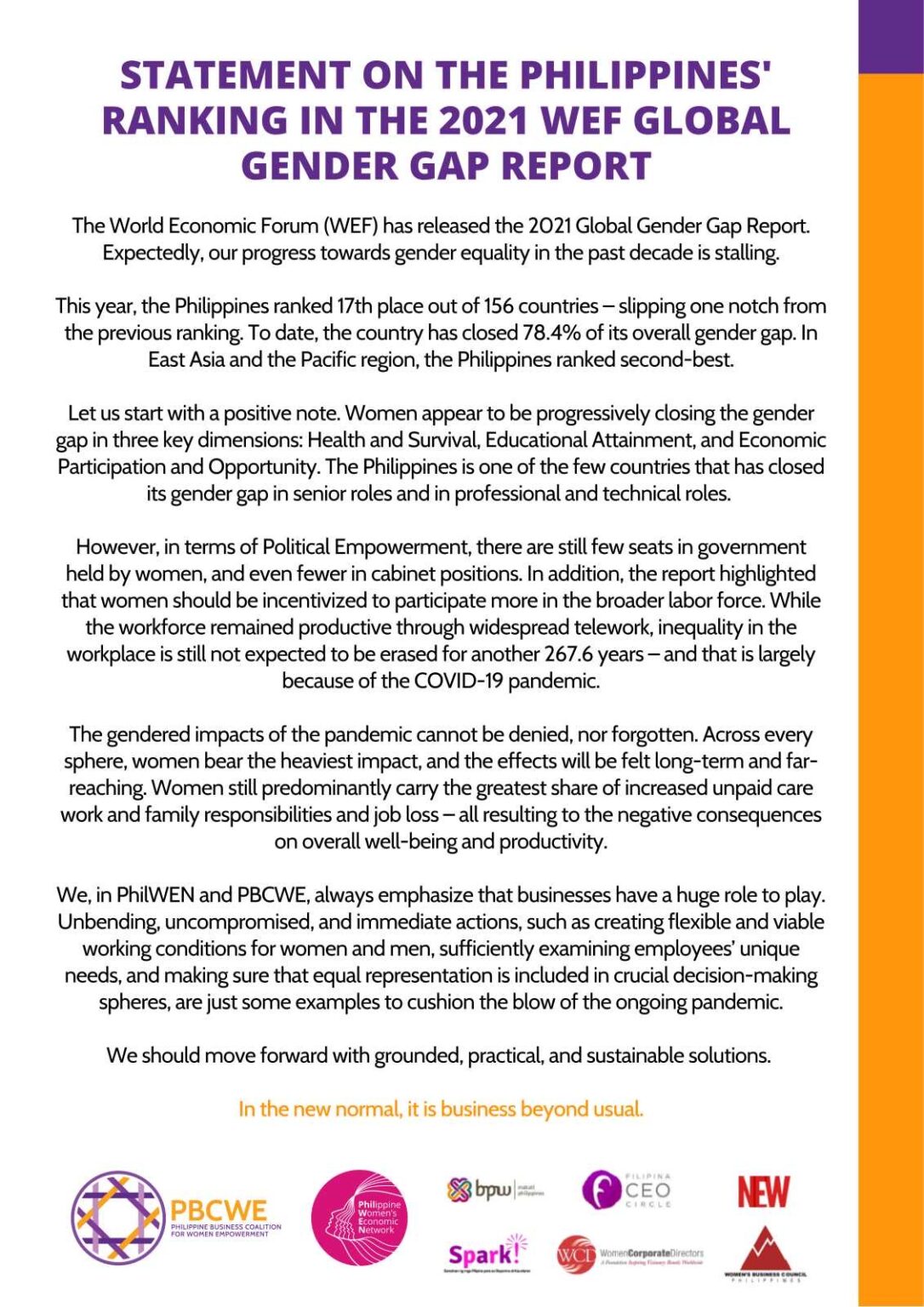 Statement on the Philippines ranking in the 2021 WEF