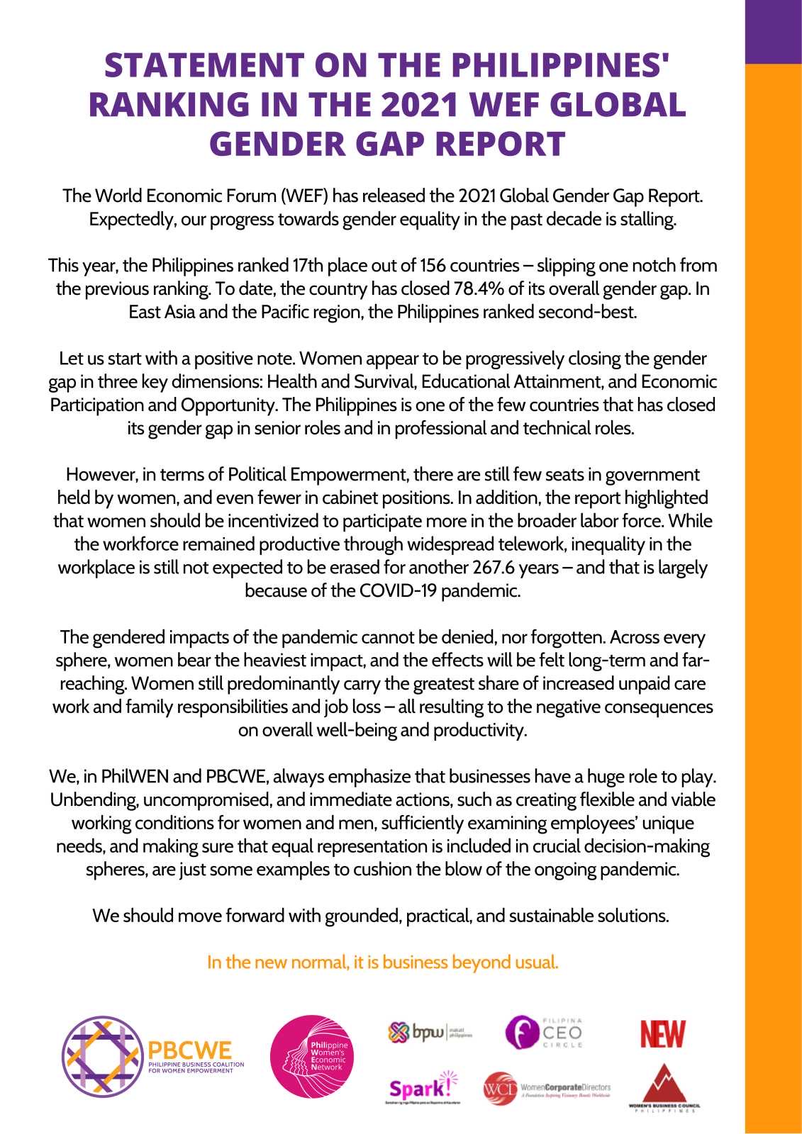 Statement On The Philippines Ranking In The 2021 WEF Global Gender Gap ...